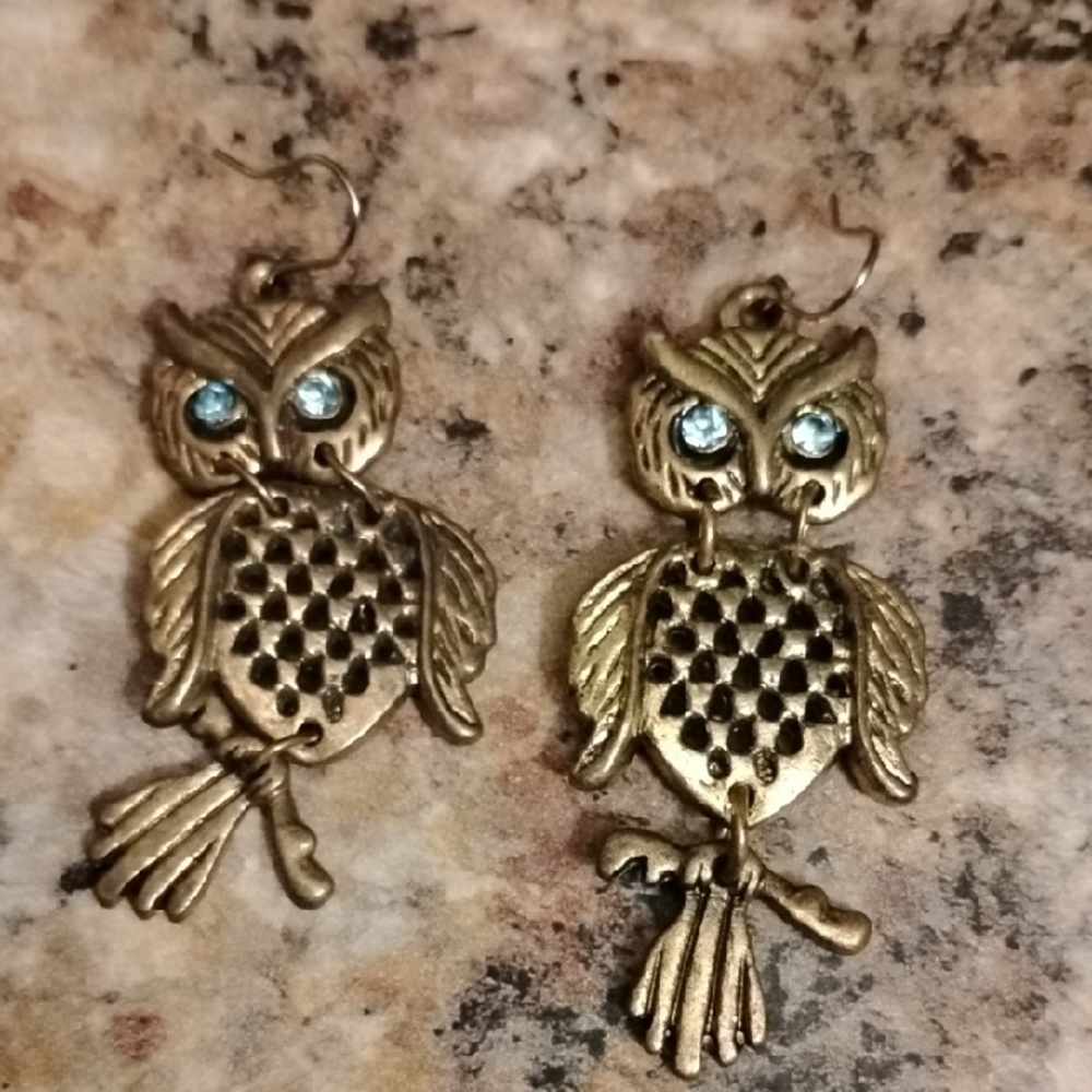 Gold Owl Earrings with Blue Accents